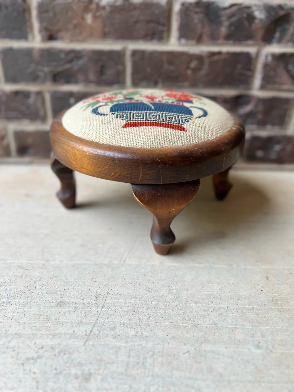 Vintage Embroidered Floral Needlepoint Footstool